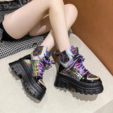 Glitter Motorcycle Boots Women Gothic Chunky Platform Ankle Boots Autumn Winter Thick Bottom Lace Up Punk Shoes