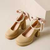 Breakj Jane Shoes In The Spring Of 2024 New Bow Pearl With High Heels Fairy Wind Coarse Single