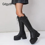 Lace Up Demonia Boots Platform Knee High Chunky Heel Boot For Women Rubber Sole Top Quality Side Zip Motorcycle
