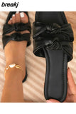 New Women's Slippers Summer Bow Square Toe Shoes Twist Strap Ladies Flat Sandals Outdoor Beach Casual Comfy Female