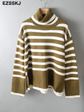 striped oversize Turtleneck Sweater for Women female Knitted casual split side Long Sleeve loose