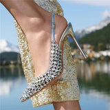 Crystal Slingback Pumps Pointed Toe High Heel Shinny Metallic Leather Sandals Runway Party Dress