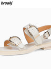 Size 34-40 Women Flats Sandals Genuine Leather Low Heels Summer Shoes For Women 2023 Trend Buckle Retro Heeled