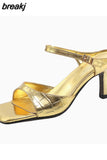 Size 33-41 Women Sandals Summer High Heels Shoes For Women Mules Genuine Leather Buckle Party Slippers Open Toe