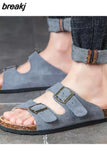 New Summer Men Beach Suede Cork Slipper Couple Shoe Casual Nubuck Leather Women Outdoor Double Buckle Slide