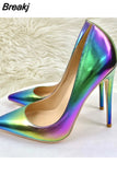 colorful mixed colors 12cm high thin heels rainbow pointed toe night club dating sexy women pumps QP182