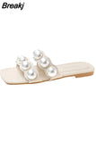 Summer 2023 Flat Shoes Women Open Toe Large Size Ladies Beach Slippers with Pearl Female Slides Women's Flip Flops