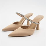 Breakj Summer New Large Size Women's Shoes Casual Diamond Tip Head Thin Heel High Heel Slippers