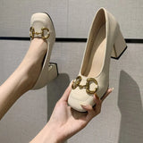New Style Women Matte Thick Heels Soft Pumps Summer Sandals Woman Retro Fashion Metal Buckle High Heels Lady Dress