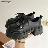 Spring Fashion Thick Soled Oxford Shoes Women's Slip-on Lace Up Loafers shoes Women Casual Versatile Black Leather