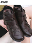 Winter Genuine Split Leather Ladies Ankle Short Boots Soild Flat Flower Round Toe Plush Platform Women