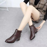 New Autumn and Winter Large Size Nude Boots Women's Pointed Thick Heel Short Sleeve Comfortable Zipper Leather