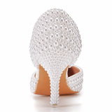 Queen White Pearl Wedding Shoes Bride High Heels Sandals Pointed Toe Pumps Ladies Party Ankle Strap