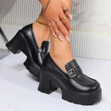 New Women's High Heels Loafers Punk Pu Leather Chunky Platform Pumps Women Slip On Black Jk Uniform Shoes Woman Mary
