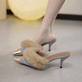 Sexy High Heels Women Fashion Fur Wedding Women Shoes 2023 New Suede Flip Flops Stiletto Pointed Toed Slippers