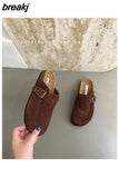 New Spring Suede Flats Close Toe Slippers Women Flat Thick Bottom Mules Shoes Fashion Outdoor Slides Retro Britain