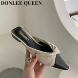 Women Slippers 2023 French Gentle Pleated Lazy Mule Drag Square Toe Flat Heels Brand Sandals Casual Slides Summer Shoes
