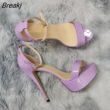 Women Sandals Sexy Crystal Flash Open Toes 14cm Supper High Heels Patent Leather Nighclub Platform Party Red Wedding