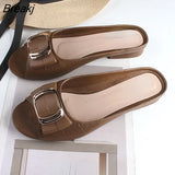 Women's Summer Semi Slippers Women Square Buckle Leisure Thick Heels Flat Bottomed Cool