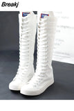 2023 Spring Autumn Women Canvas Casual Shoes Long Knee High Boots Lace-Up Zipper Comfortable Flat Sneakers Small
