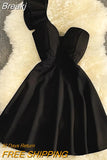 Women Black White Ruffled One Shoulder Sleeveless Mini Dress Strapless Mesh Patchwork High Waist A-line Party Dress