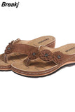 Women 2023 Summer Floral Wedges Flip Flops Pu Sewing Bohovintage Flower Outdoor Slippers Ladies Casual Beach Shoes