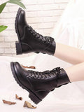 Women's Shoes Mid Calf Boots Block Heels Ladies PU Leather Lace Up Cool Motorcycle Boots Comfortable Female Autumn Footwear