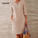 2020 Winter Autumn Button Cotton Linen Dress women Elegant O-Neck Knee length Long Sleeve Pocket Solid Dress Plus Size