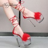 Women's Sandals 2023 Summer Fashion Ankle Cross Strap Fur High Heels Clear Waterproof Platform Female Steel Tube