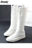 Spring Autumn Women Canvas Shoes Canvas Casual High Top Sneakers Lace-Up Zipper Comfortable Flat Long Boots 2023 New