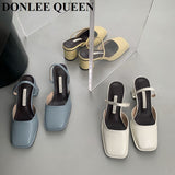 New Designer Heels Women Slippers Square Toe Slip On Mules Ladies Summer Casual Thick Heels Outdoor Slides Female