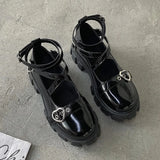 Lolita Shoes Platform Round Head Thick Heel Cross Bandage Women Shoes Kawaii Shoes Cosplay Mary Jane Shoes Heart