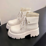 Boots Rock Shoes Woman Boots-Women Flat Heel Luxury Designer Round Toe Lace Up Winter Footwear 2023 Ankle Med Lolita