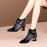 British Style Sandals Leather Boots Women 2023 Summer Mesh Breathable Sandals with Rhinestone Decoration Shaped