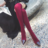 Furtado 2022 spring Burgundy over the knee boots Women Pointed Toe Chunky Heels Mixed Colors leg slimming stretch