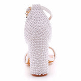 Queen 9CM High Heels White Pearls Wedding Shoe Bride Open Toe Prom Evening Formal Party Dress Pumps Summer