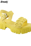Trend Women Candy Color Sandals Summer Platform Chunky Heels Open Toe Solid Weave Buckle Strap Ladies Punk Shoes