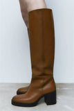 INS Women Genuine Leather Knee High Boots Round Toe Platform Thick High Heel Zipper Ladies Long Boot Autumn Winter