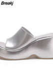 Dropship 2023 Summer Brand New Women Single Band Platform Sandals Black Nylon Chunky Platform Wedges Slipper