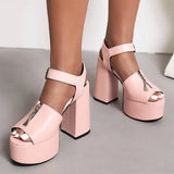 Zipper Embellished Super High Chunky Heel Square Toe Peep Toe Sandals High Waterproof Platform Ankle Belt Buckle