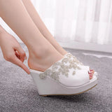 Queen Silver Rhinestone Peep Toe Platform Wedges High Heels Slippers Beach Sandals For Women Wedding