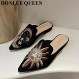 Size 35-42 Slippers Women Slip On Slides Flat Pointed Toe Embroider Mules Shoes Women New Casual Flip Flops zapatillas