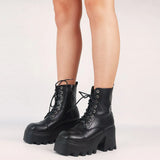 Dropship Female Motorcycle Boots Square Heel Square Toe Zip Black Ankle Boots Platform Comfy Street Jungle boots Woman