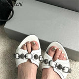 Ladies Slippers Rivet Buckle Strap Women's Shoes 2023 Trend Summer Black Leather Low Heel Gladiator Sandals Women