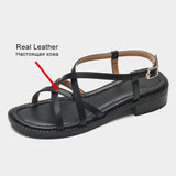 Size 33-40 Women Sandals Real Leather Rome Low Heels Summer Shoes For Women 2023 Buckle Strap Chunky Heel
