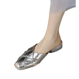 Breakj Tou Half Slippers Female Summer Women Wear Full Leather Square Head Sandals Low Heel Thick Soft Leather Muller