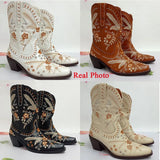 New 2023 Spring Autumn Western Boots With Flower Fashion Cowgirl Walking Comfy Woman Ankle Boot