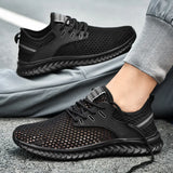 Men Sneakers Summer Mesh Breathable Casual Walking Shoes Solid Color Lace-Up Flat Comfort Walking Running Shoes Tennis