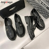 loafers Women Solid Black PU Leather Loafers Zapatos De Mujer Female Casual Slip On Chunky Heels Round Toe Platform