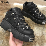 for Women's New Rock Shoes Gothic Chunky Platform Ankle Boots Punk Style Heels Height 6CM Sneakers Lace-up PU Metal